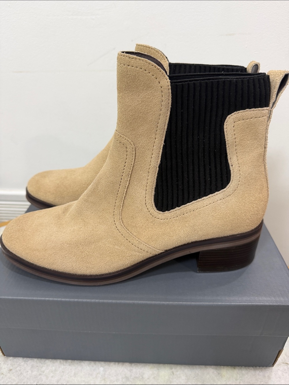 Cole Haan Beige Suede Chelsea Boot with Black Elastic Side